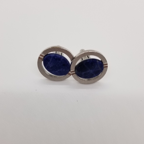 Swank brushed silver and blue cuff links - Picture 2 of 4